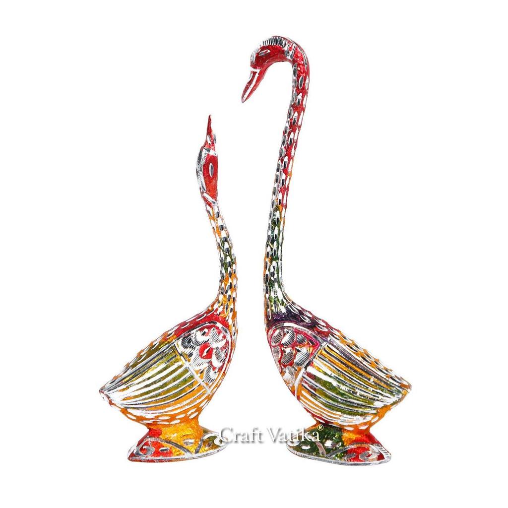 Kissing Duck Swan Love Couple Bird Statues Set | White Metal Swan Love Birds Pair (Male - Female) | Gift & Home Decor