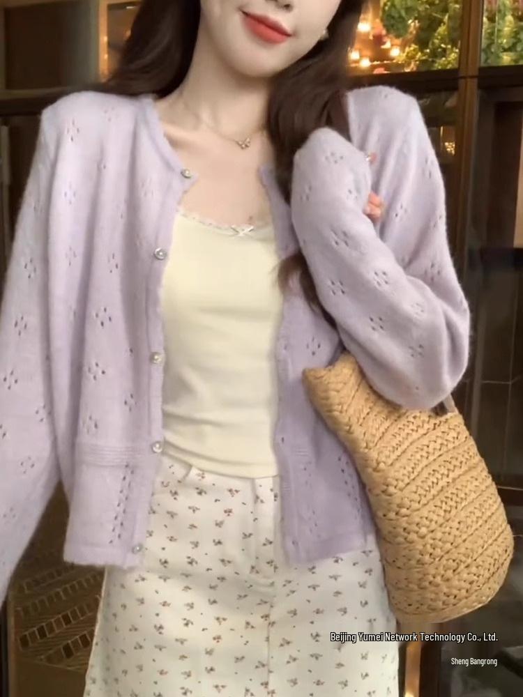 Romantic Light Purple Openwork Knit Cardigan - Women's Petite Spring Outerwear, New Korean Gentle Style