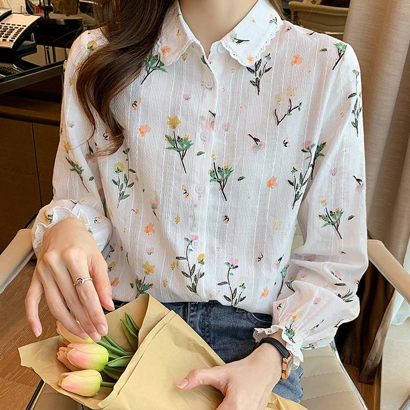 Pastoral Style Embroidered White Blouse for Womens Spring Clothes Latest Lace Lapel Temperament Lady Pure Cotton Embroidered Blouse