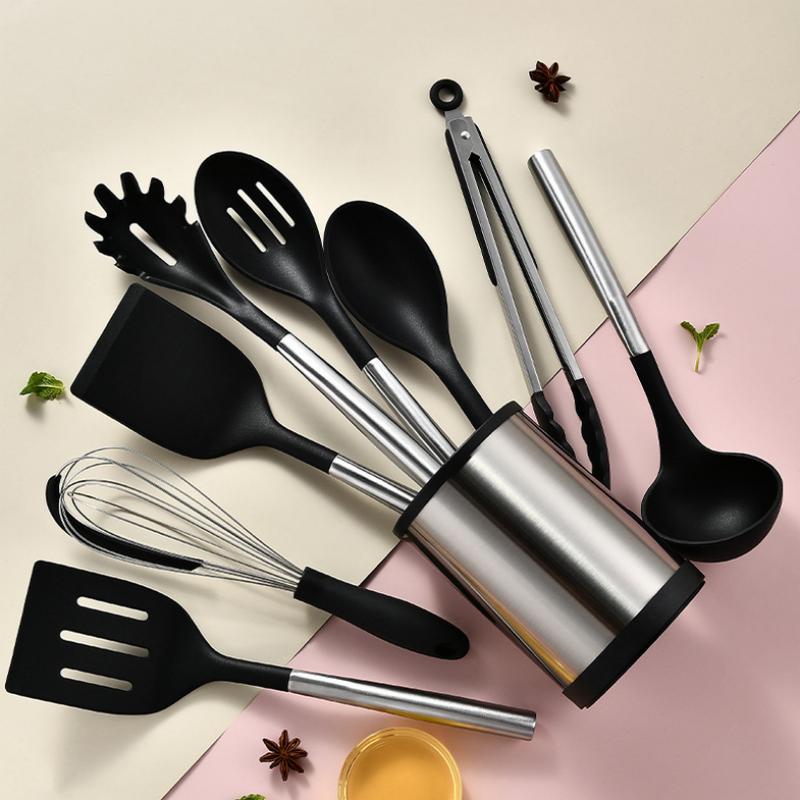 

9 предметов из нержавеющей стали с антипригарным покрытием, силиконовый набор кухонных принадлежностей, лопатка, суповая ложка, кухонные принадлежности, вращающиеся на 360°, держатель для кухонных принадлежностей, ведро, венчик для взбивания яиц 9-piece s