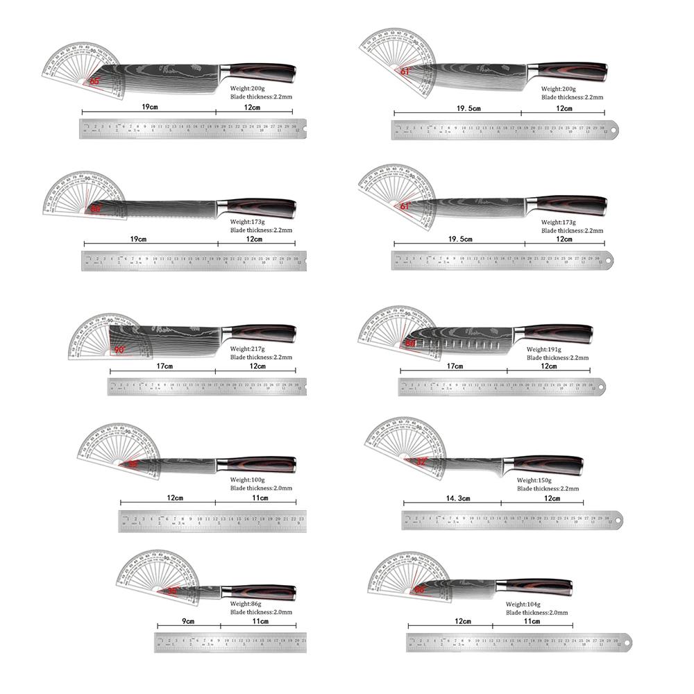 7CR17 8PCS Kitchen Knives Set Stainless Steel Sharp Chef Slicing Meat Cleaver Laser Damascus Pattern Chef Knife Sharp Knives Too