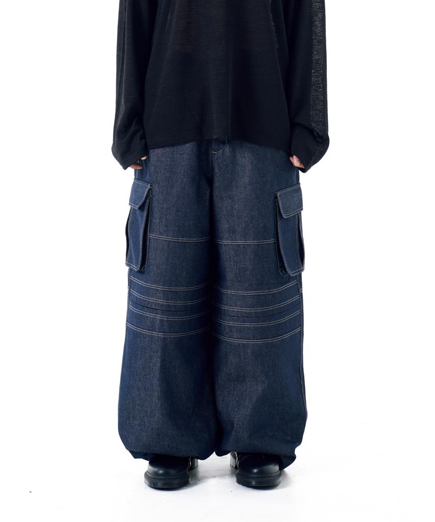 AAKAM Stitched Denim Wide Cargo Pants (Blue)