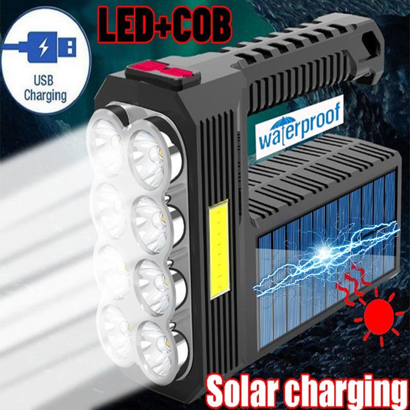 Torcia elettrica ricaricabile USB/solare a 8 LED Torcia tattica a batteria con faretto a lunga portata impermeabile multifunzione per esterni