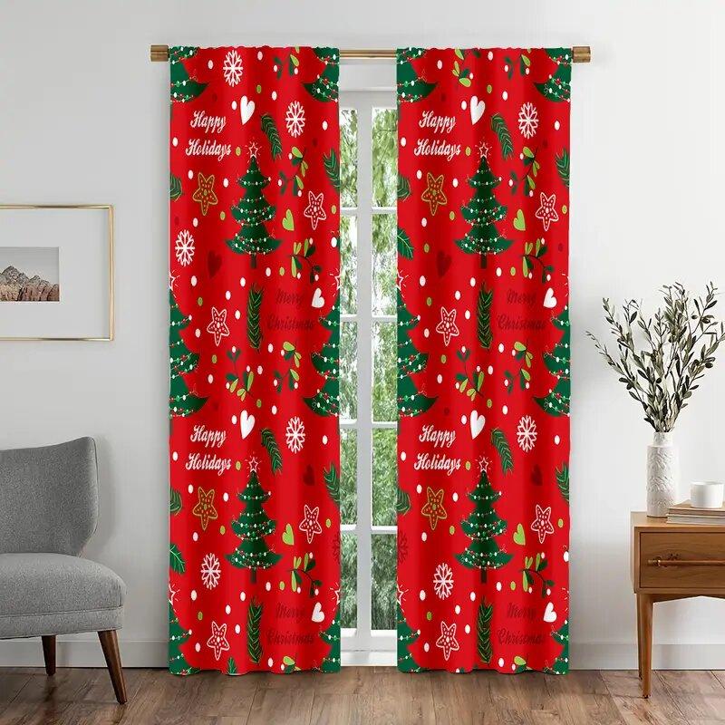 

Set Of 2 Red Christmas Tree Snowflake Print Curtains Pole Bag Home Decoration Room Curtain Polyester W100*H70(CM)-Rod Pocket&2PCS