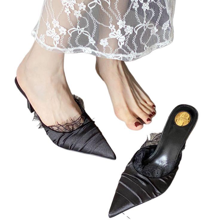 2025 New Sweet Lace Shoe Mouth Fashion Pointed Head Bag Head Half Slippers Thin Heel Sexy Super High and Elegant Fold