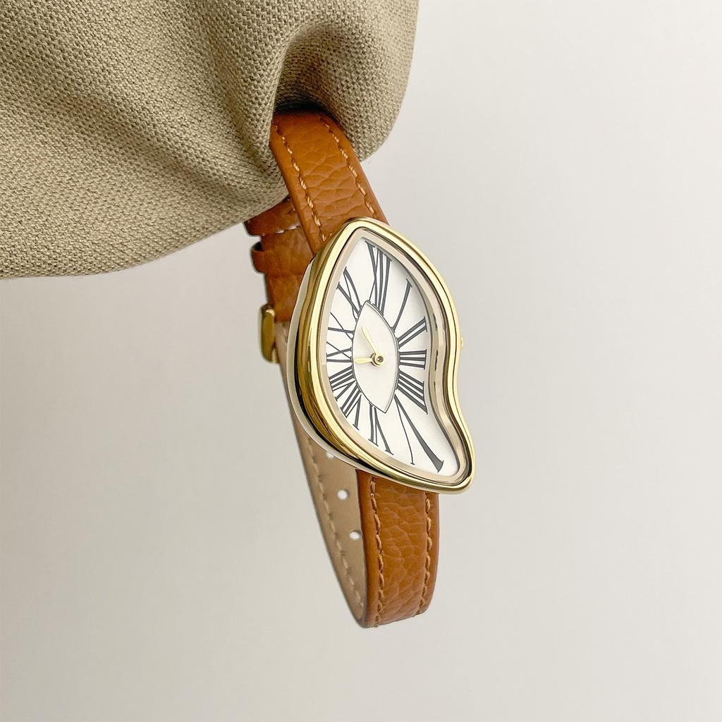 High End Retro Creative Watch for Women,Twisted Irregular Dial Design,Fashionable Leather Waterproof Quartz Women Watches Gift