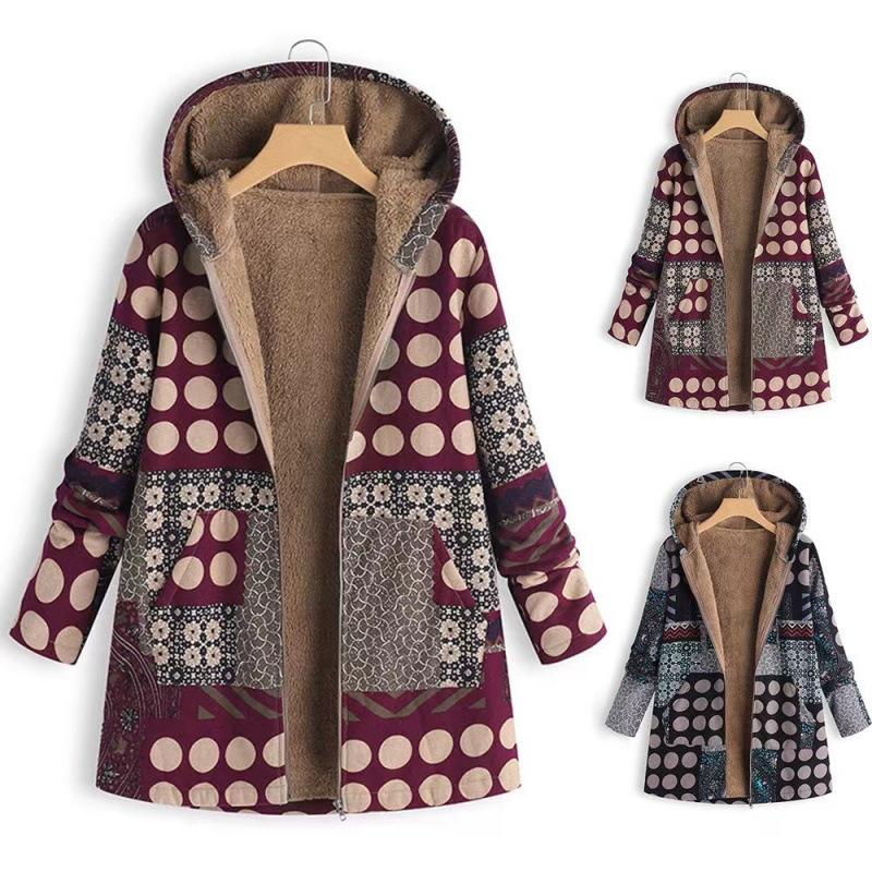 Jacket series casual printing cotton and linen printing plush inner hooded zipper women's clothing new