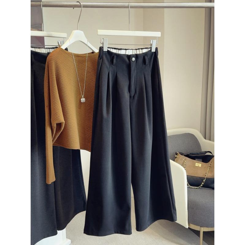 

Утолщенные шерстяные брюки палаццо прямого кроя женские осенне-зимние новые с высокой посадкой повседневные свободные укороченные брюки XL чёрный