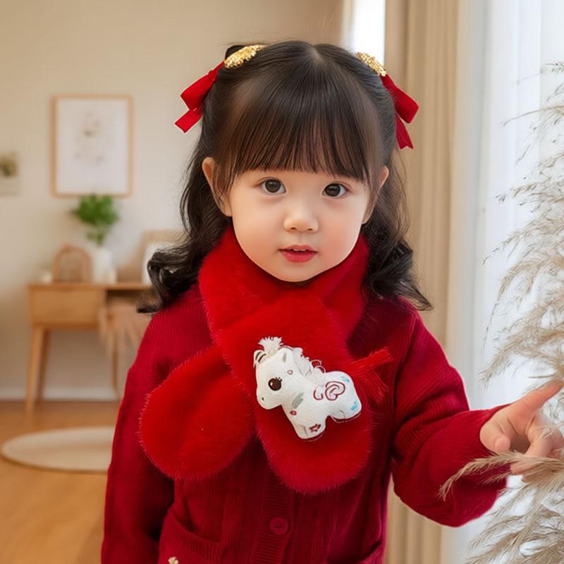 Autumn Winter Children's Scarf Chinese Style Zodiac Animals Red Scarf Cartoon Pony Plush Neck Warm Scarves New Year Gift