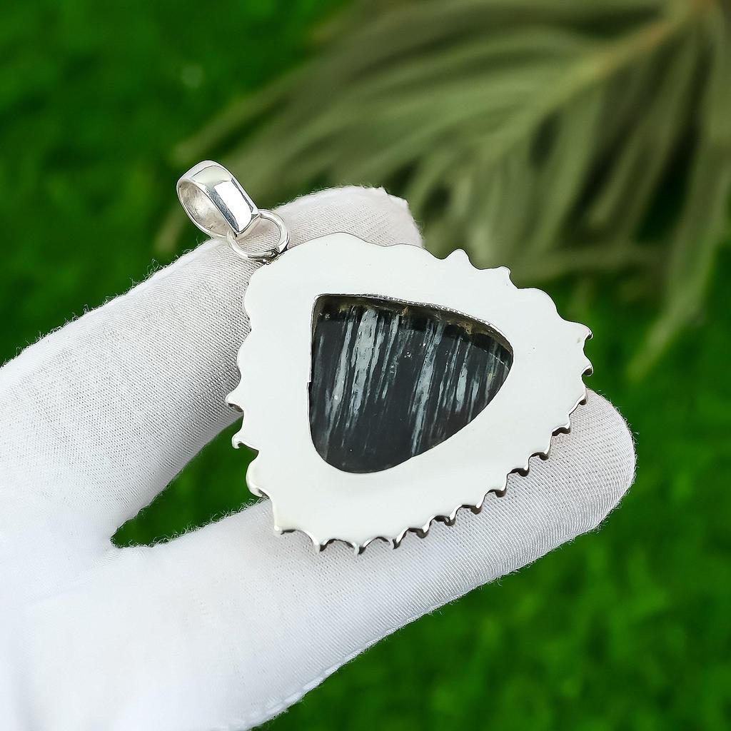 925 Silver Silver Sheen Obsidian Gemstone Birthday Ethnic Bezel Pendant Jewelry