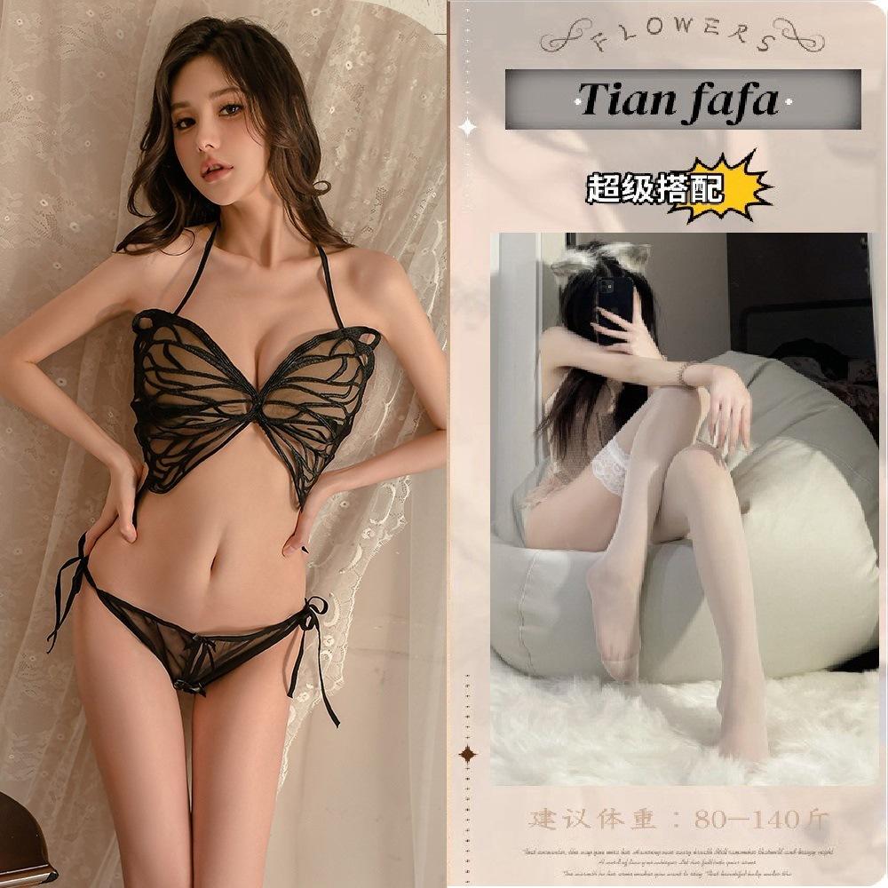 Sex underwear transparent mesh butterfly three-point backless free uniform suit flirting sex underwear women's free