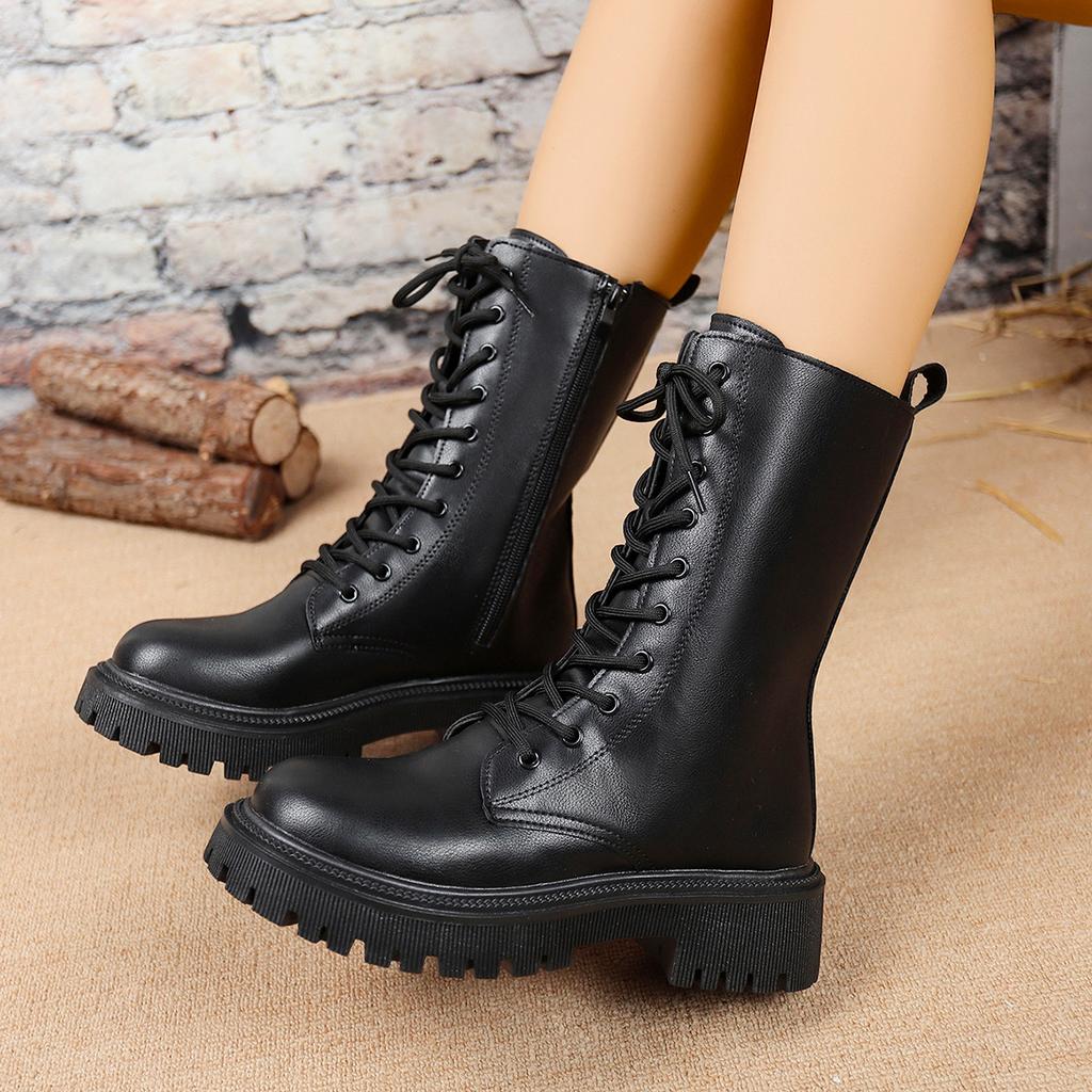 Autumn and Winter New British Style Platform Short Boots Female Handsome Recreational Locomotive Boots Large Size Lace-up Martin Boots Female