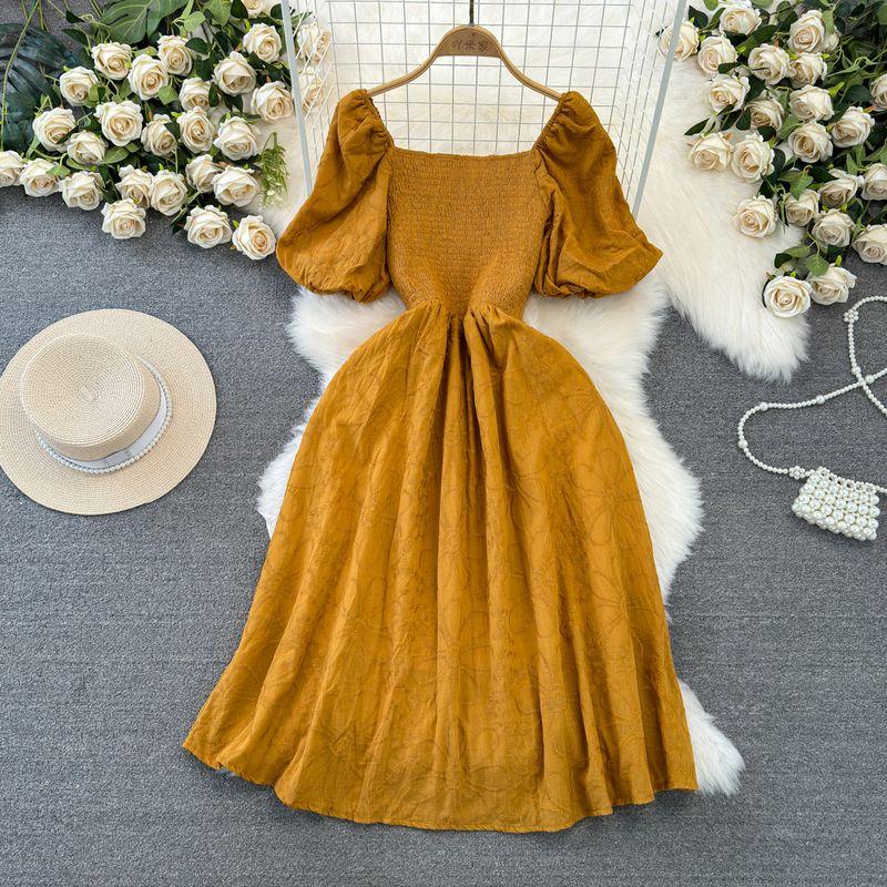 

Gentle Bubble Waist-Tight Embroidered Dress Short Sleeve Khaki One size