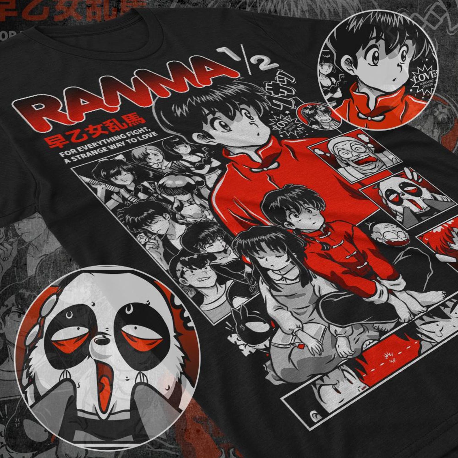 Unisex Ranma Saotome Anime T shirt, Genma Panda Manga Shirt 2XL