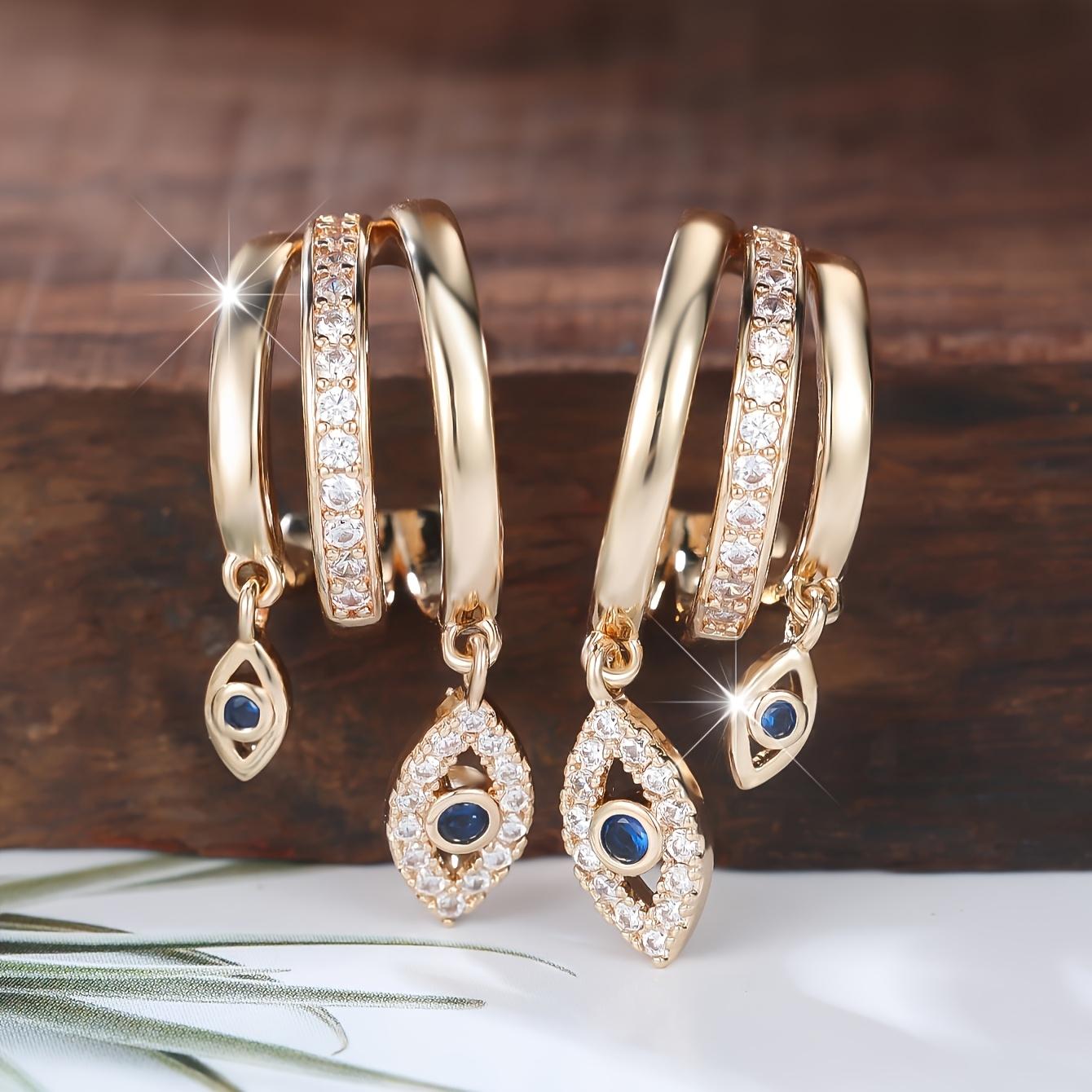 

1 пара элегантных серег-подвесок в форме глаза, инкрустированных сверкающими циркониями, подходящих для повседневной носки и вечеринок золотистый