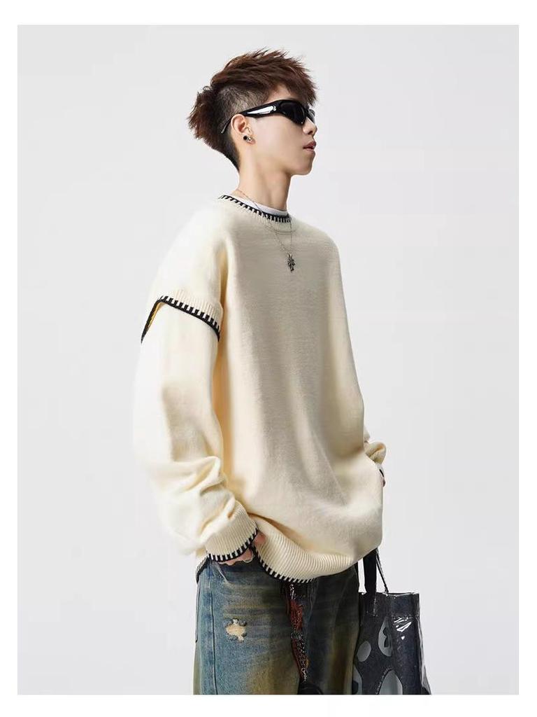 Men's Trendy Hand-Stitched High-End Knit Sweater with Contrasting Colors - Versatile and Stylish Base Layer