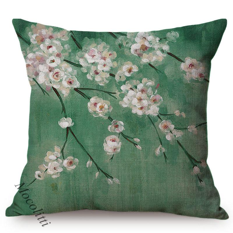 Spring Decoration Blue Flower Blue Birch Cherry Dogwood Blossoms Branch Oil Painting Design Cushion Cover Sofa Throw Pillow Case