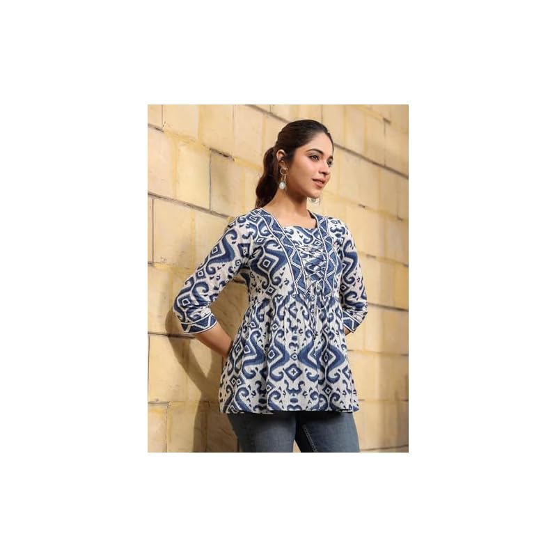 NAINVISH Women s Blue Floral Printed A-line Cotton Blend Square Neck Top (SD669_T-M) M синий