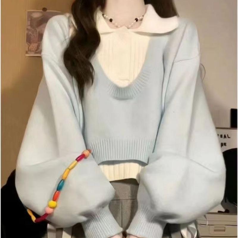 Vintage Two-piece Sweater Women's Japanese Autumn Winter Lapel Long Sleeved Sweaters Preppy Style Knitted Solid Tops