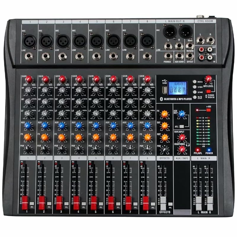 

Depusheng DX8 Professional Mixer Soundboard Console 8 Channel Desk System Interface Digital USB MP3 input 48V Phantom Power Stereo DJ Studio FX Steel