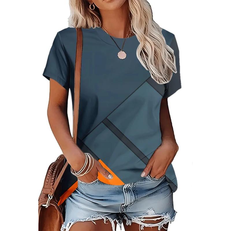 Moda Donna Girocollo Manica Corta Stampa Colore 3D Casual T-shirt Casual a Manica Corta Girocollo