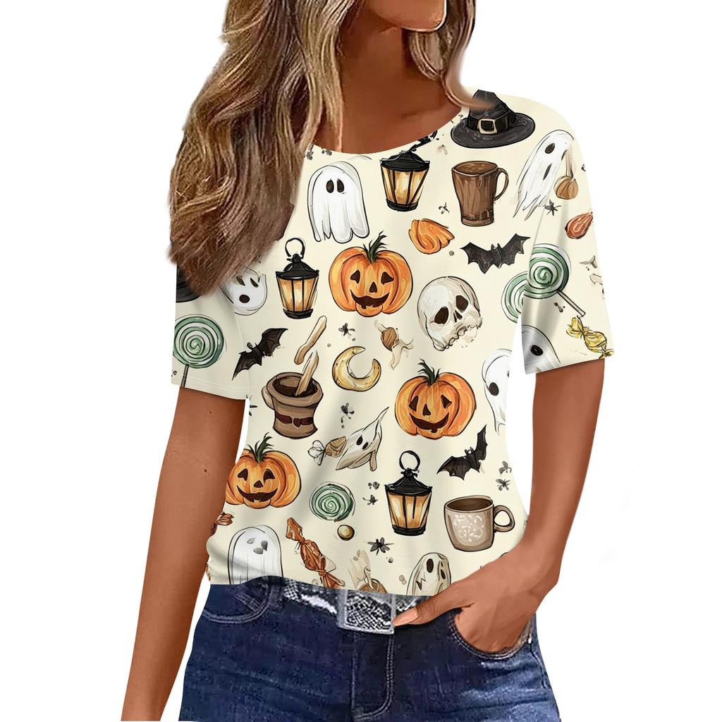 Women's Casual Short Sleeve Halloween Pullover Top with Bat and Pumpkin Print Round Neck Relaxed Fit Shirt for Fall Season