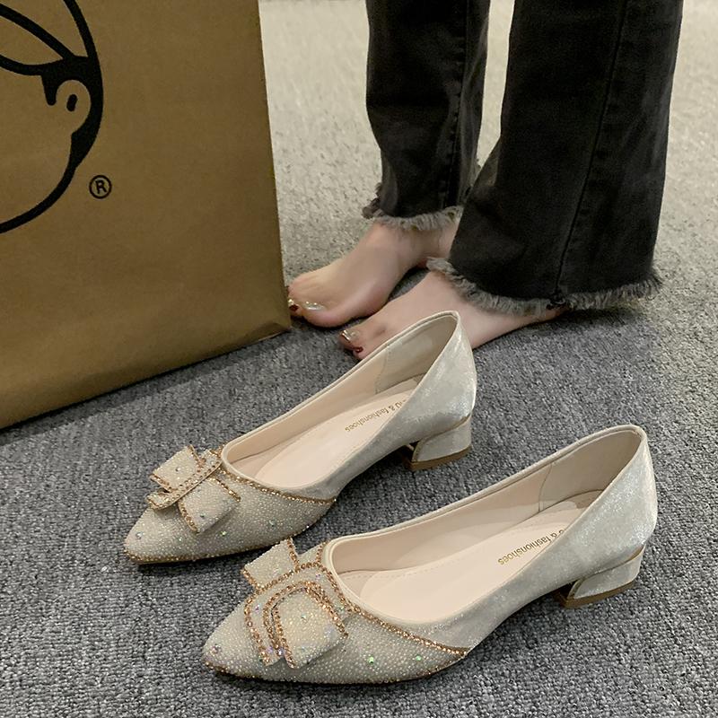 Fashion Gentle French Chunkiness 2025 New Spring Rhinhette High Heels Large Size Shallow Mouth Pointed Single Shoes