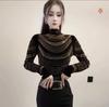 De Rong Women's High-Class Autumn Winter Half-High Collar Long Sleeve T-Shirt with Hot Drilling