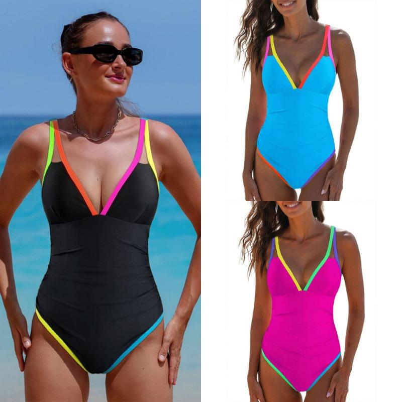 Women S Deep V Neck Sleeveless One Piece Swimsuit With Tie Side Solid Color Contrast Binding