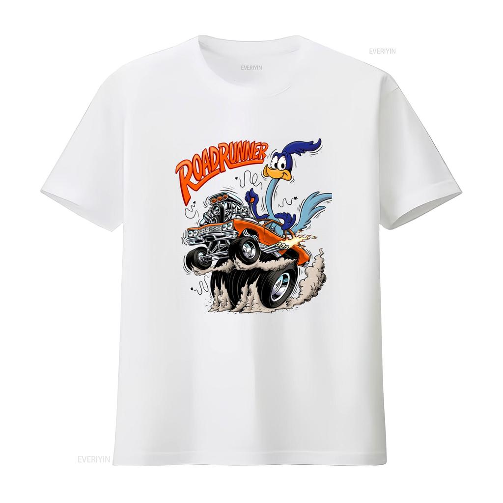 Road Runner Cartoon T Shirt Orange Hot Rod Car Design for Mens Fashion Vintage Washed Breathable Stylish Streetwear Fashion