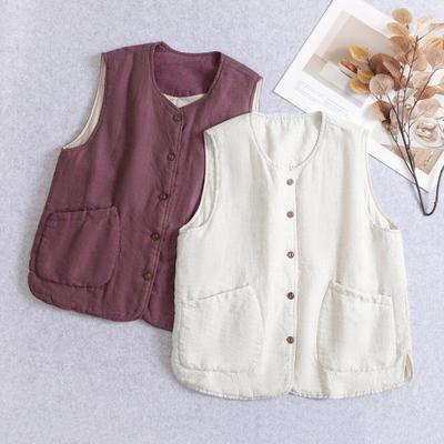 Warm Yangyang Women's Retro Pitaya Cotton-Linen Padded Vest - Autumn/Winter 2025