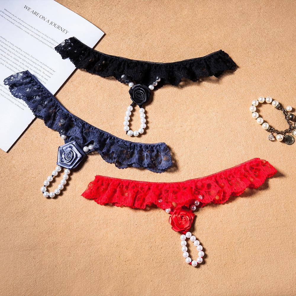 European & American Style Beaded Lace-Edged Sexy See-Through Thong for Women