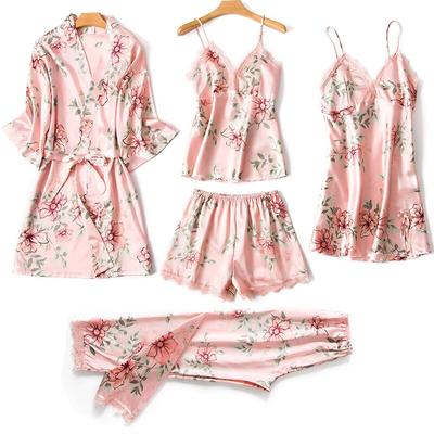 Set pigiama da donna in seta ghiacciata da 5 pezzi, stampa moda con pigiama imbottito sul petto in pizzo con scollo a V