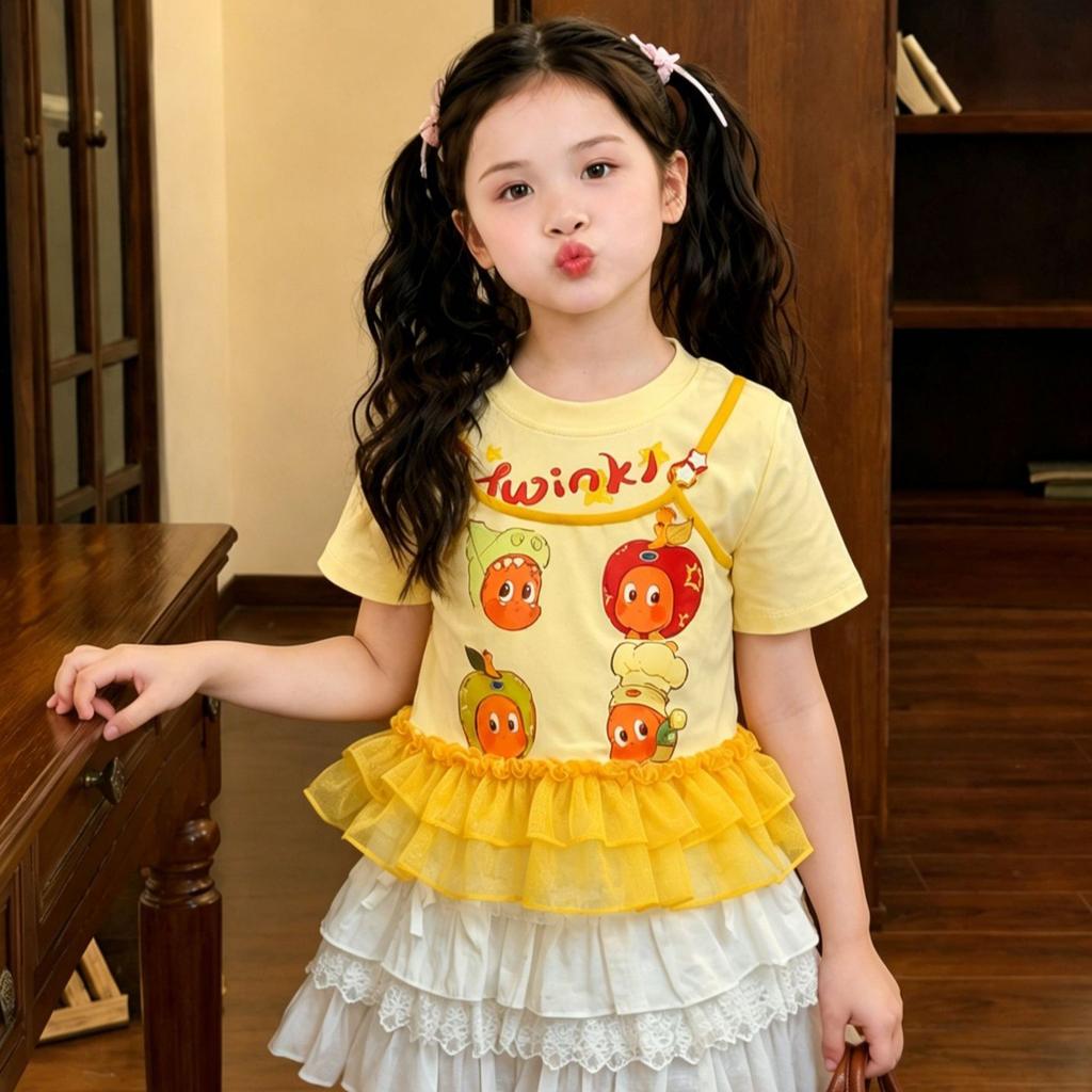 Girls Summer Cute Print Fake Two Piece Mesh Short Sleeve T Shirt