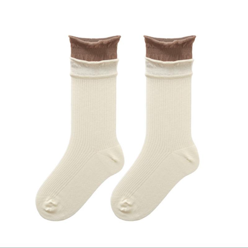 Female Spring and Autumn Double Mouth Roll Edge Long Tube Stack Socks