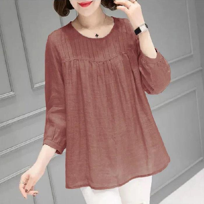 Summer Women's Clothing Solid Cotton Linen Round Neck Short Sleeve Female Clothing Large Loose Slim Breathable Casual Tops