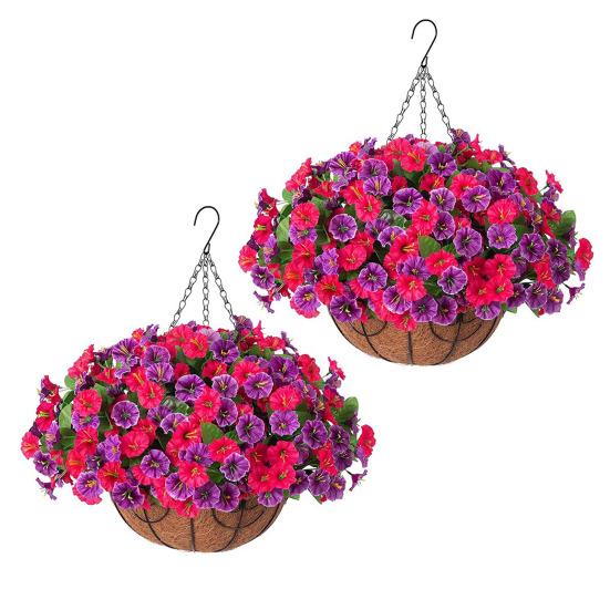 Artificial Hanging Fake Flowers with Basket Outdoor UV Resistant Faux Silk Morning Glory Vines Plants for Porch Patio Garden Balcony Yard Spring
