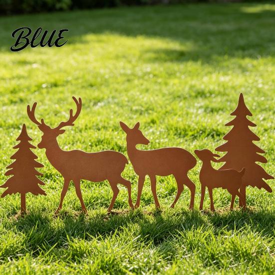Vintage Style Yard Stakes 5Pcs/Set Forest Deers Garden Stakes Rusty Christmas Tree Elk Family Weather Resistant Ornaments Outdoor Metal Art for Lawn