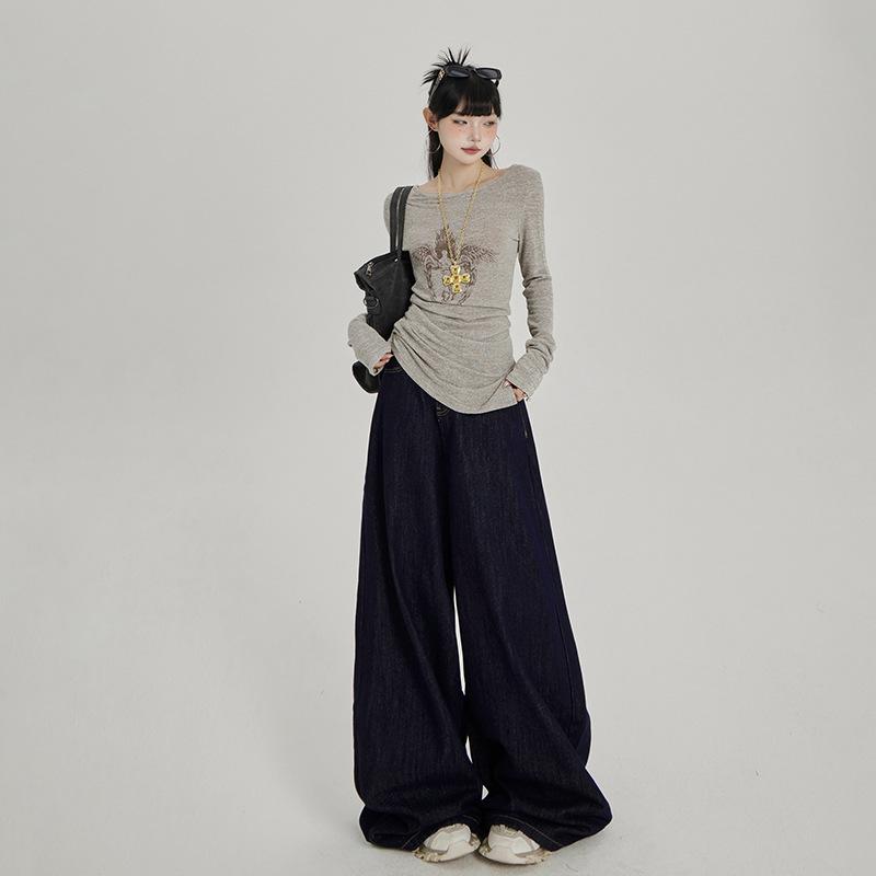

Women s Black Tea Wide-Leg Jeans - 2025 Autumn High-Waisted Loose Slimming Floor-Length Trend Extra Large
