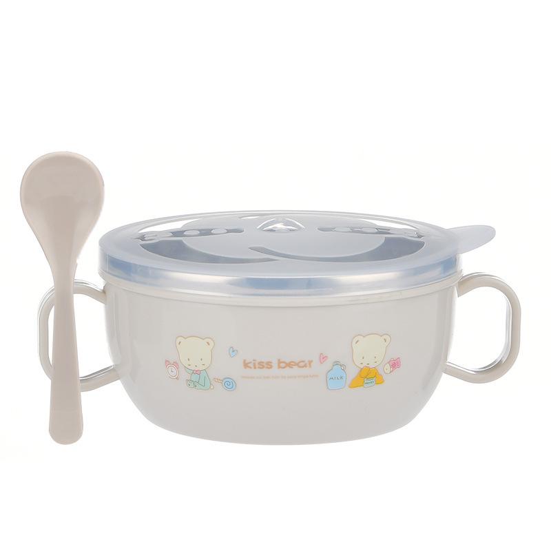Stainless Steel Insulated Baby Bowl with Lid and Spoon - Double Handle Cartoon Design