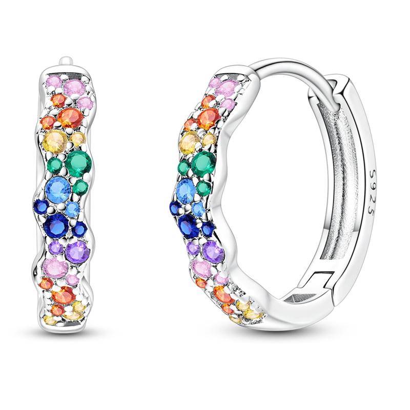 

925 Sterling Silver Rainbow CZ Paved Wavy Hoop Earrings Colorful Crystal Huggie Hoops Earrings for Women Jewelry Gifts