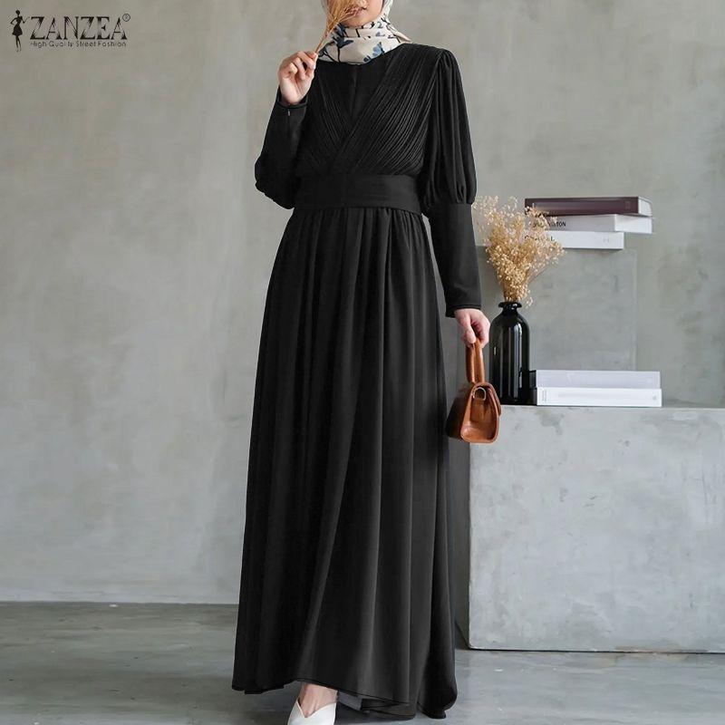 ZANZEA Muslim Casual Round Neck Long Sleeve Loose Women Long Dress