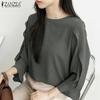 ZANZEA Women Casual Round Neck 3/4 Sleeve Solid Color Loose Blouse
