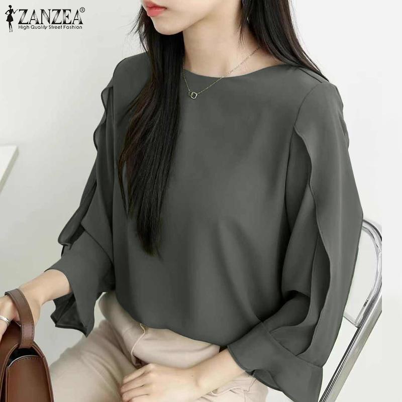 ZANZEA Women Casual Round Neck 3/4 Sleeve Solid Color Loose Blouse