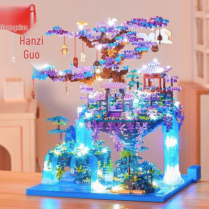 Fairy Pavilion Cherry Blossom Treehouse with Peach Blossom Pond - Creative Ancient Style Building Block Ornament, Handmade Assembly Scene.