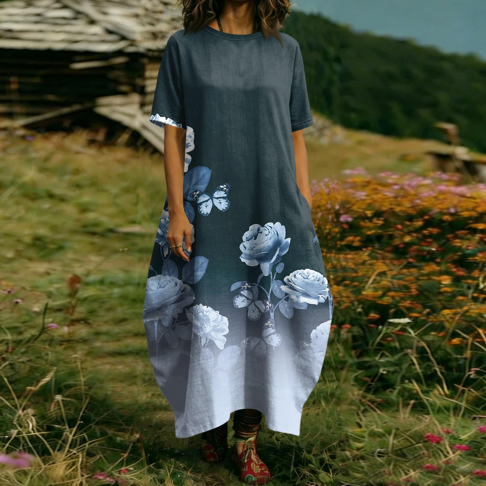 

Жіноча Модна Кольорова Сукня З Коротким Рукавом З Кишенею XL синій