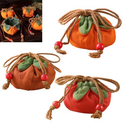 Small Persimmon Shape Coin Purse Mini Drawstring Cotton Linen Wallet Cute Fruit Design Change Pouch Gifts for Girls Women