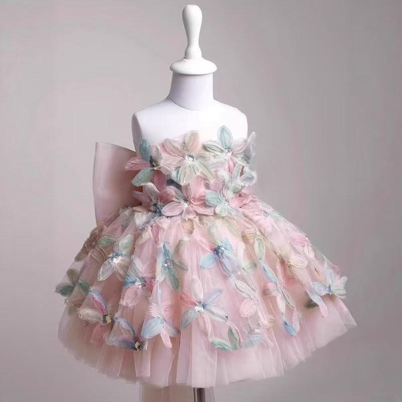 Flower Girl Dress Wedding Gown Party Dress Sleeveless Big Bow 3D Multicolor Floral Appliqué Tulle Mini Gown for Girls 90 розовый