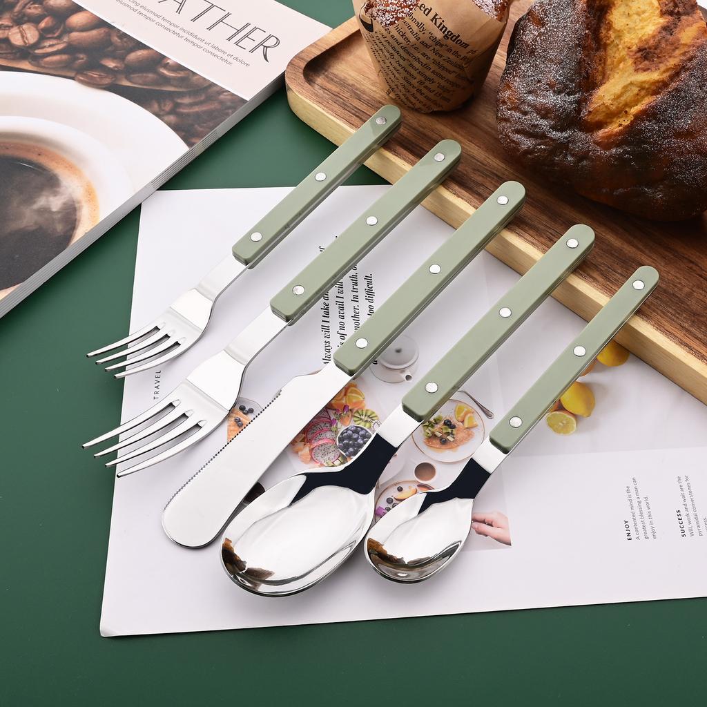 20 PCS Stainless Steel Flatware Set Service for 4, Retro Style  Tableware Forks Spoons Knives Eating Utensils, Acrylic Handle with Rivets Design