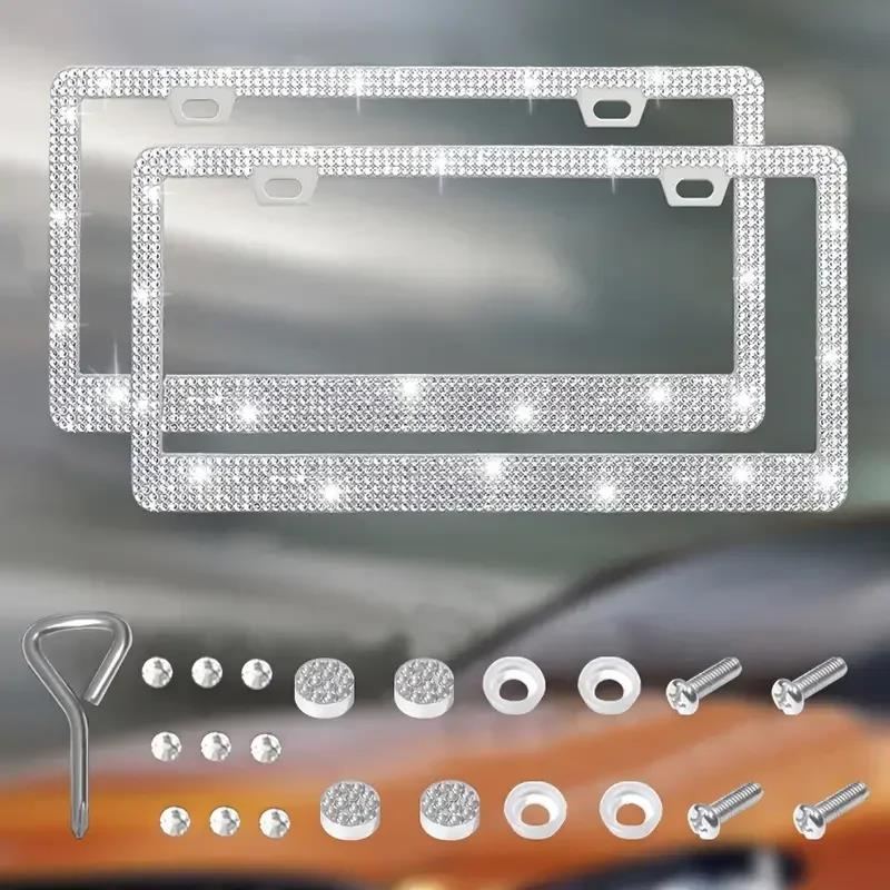 NEW Bling Crystal Car License Plate Frame Women Rhinestone License Plate Frame Cover Holder Car Accessories with Screw 31*16cm License Plate Covers